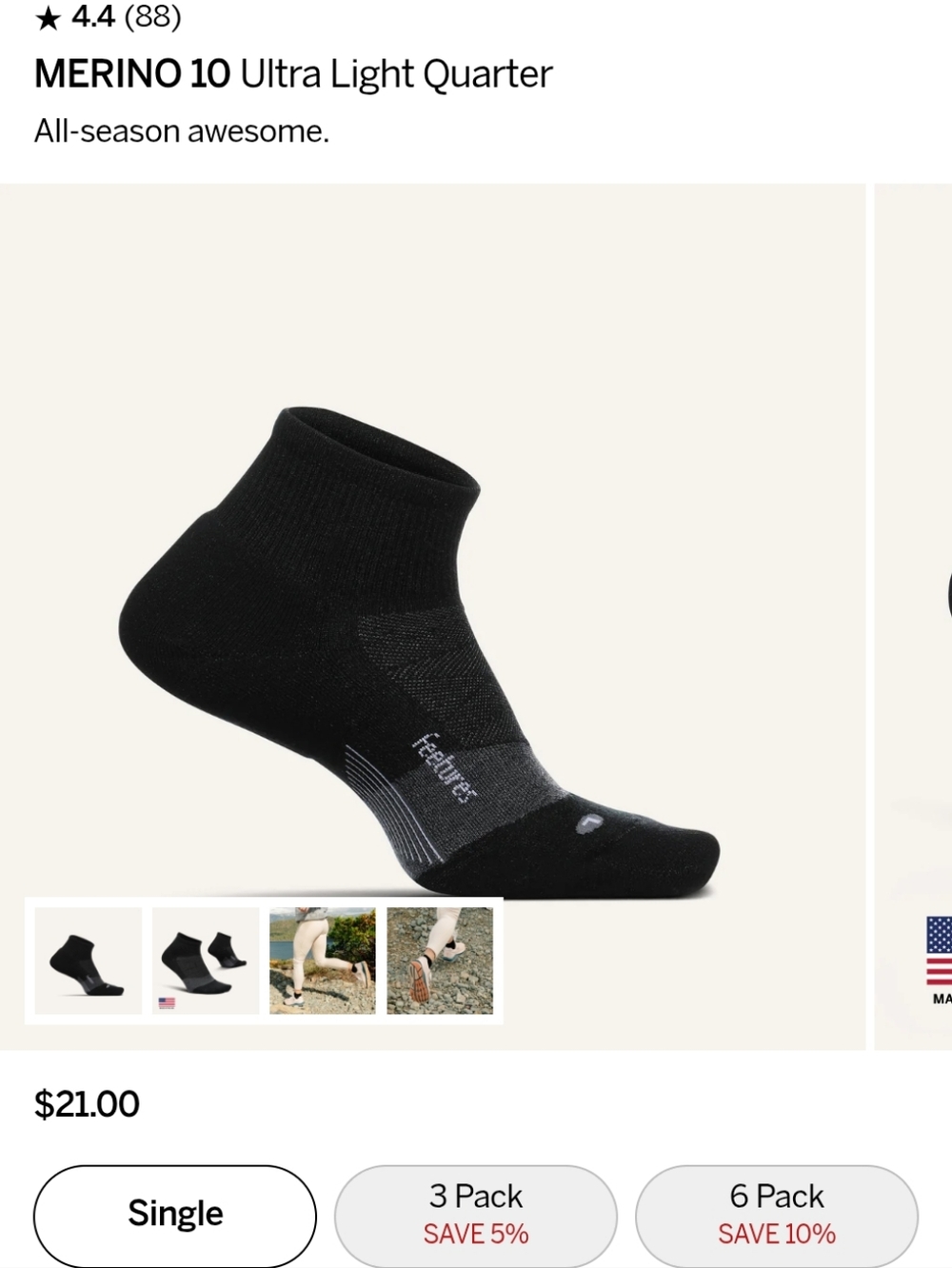 Feetures 3PK Merino 10 Ultra Light Quarter Crew Cut Socks Shoes Charcoal 1 : LG